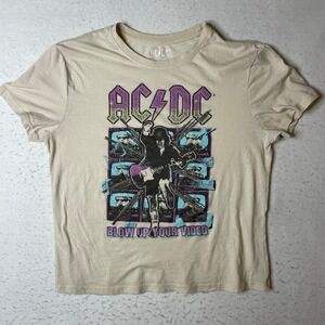ACDC Blow Up Your Video Graphic T-Shirt Tan Womens XL Rock‎ Band Concert Tee